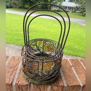 Decorative Metal Basket with Leaf Accents